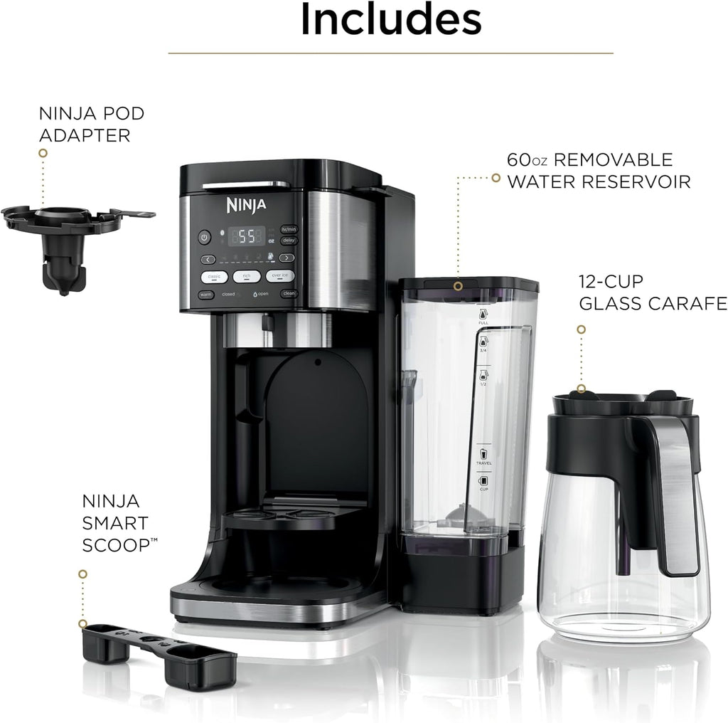 Ninja Drip Coffee Maker, DualBrew Pro Hot & Iced, Black, CFP101 | Single Serve to Carafe, Brew with Pods & Grounds, Compatible with K Cups, 3 Brew Styles, 60oz Removable Reservoir