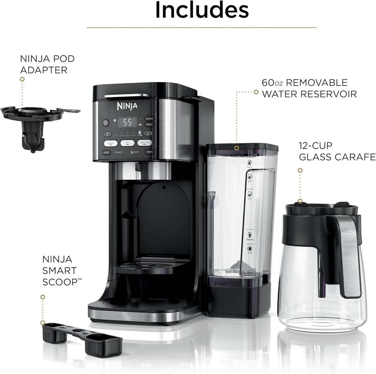 Ninja Drip Coffee Maker, DualBrew Pro Hot & Iced, Black, CFP101 | Single Serve to Carafe, Brew with Pods & Grounds, Compatible with K Cups, 3 Brew Styles, 60oz Removable Reservoir