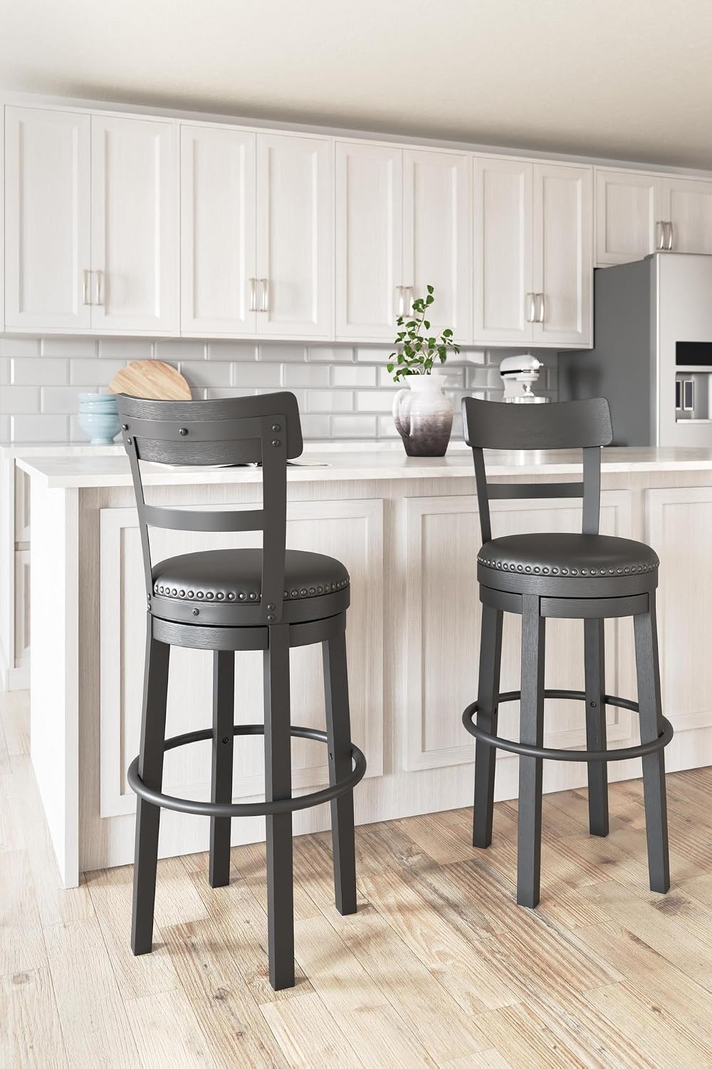 Signature Design by Ashley 30" Swivel Bar Height Bar Stool, Antiqued Black | Solid wood and metal frame, Easy-clean black faux leather seat with 360 swivel, Valebeck Series