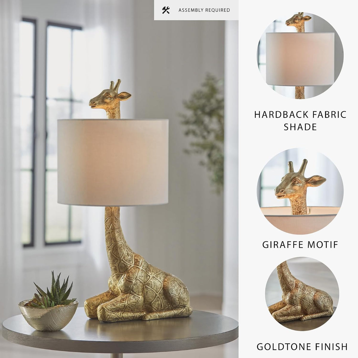 Signature Design by Ashley Giraffe Table Lamp, Goldtone Safari Animal Lamp | Sturdy goldtone polyresin base, Cotton and polyester drum hardback fabric shade, 25-inch tall modern safari style, Ferrison