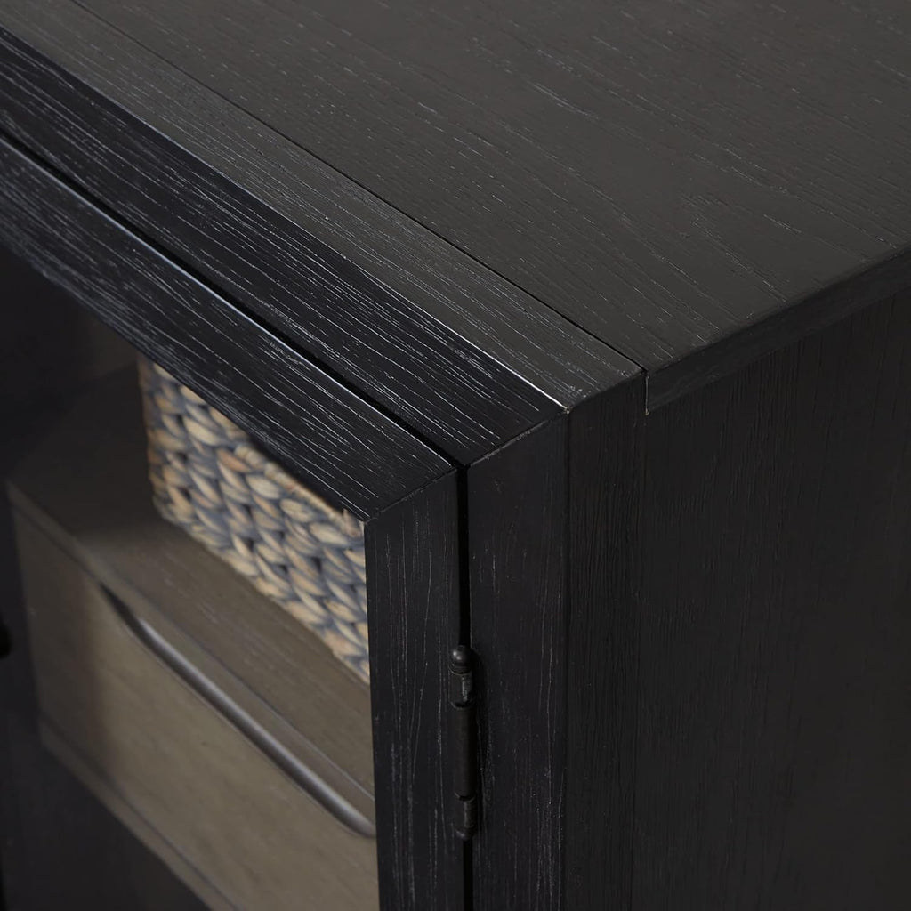 Signature Design by Ashley 60" Black Buffet Accent Cabinet, 3 Glass Doors | Sturdy oak veneer frame, High-contrast warm gray interior, Smooth-glide drawers, Lenston Series