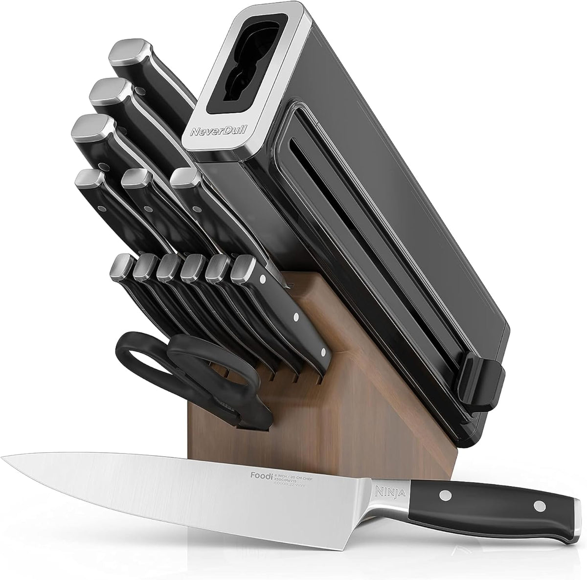 Ninja® NeverDull™ 15-Pc Wood Series Knife Block, Stainless/Walnut, K52015 | Stays razor-sharp 10+ years. Premium German stainless steel blades. Foolproof built-in sharpener. Walnut wood block & handles
