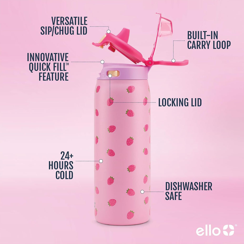 Ello Kids Pop & Fill 18oz Stainless Water Bottle, Sip or Chug, Strawberries