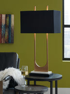 Signature Design by Ashley Table Lamp, Tall Modern Marble, Black and Brass | 32.75-inch open metal frame with brass-tone and black finish, White marble base with black fabric shade, Malana Series