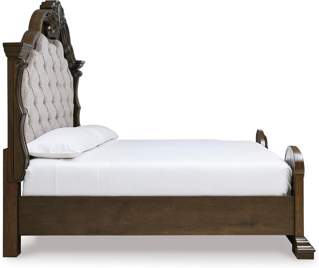 Signature Design by Ashley Maylee King Size Bed Frame and Headboard, Brown | Traditional panel bed, High 83-inch headboard, Brown button-tufted upholstery, Master bedroom statement piece