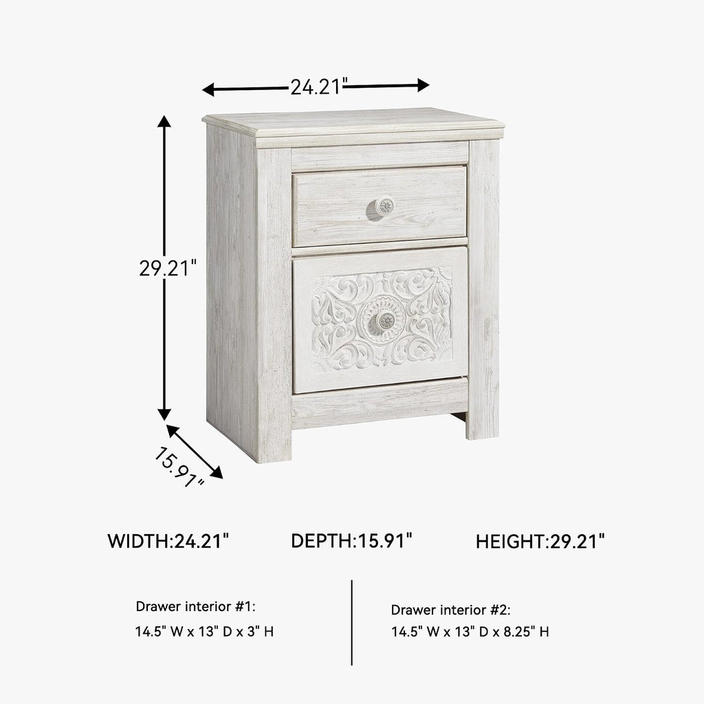 Signature Design by Ashley Nightstand, Paxberry Boho Whitewash | Engineered wood and decorative laminate, Ornate carved-effect medallion details, Includes 2 built-in USB charging ports
