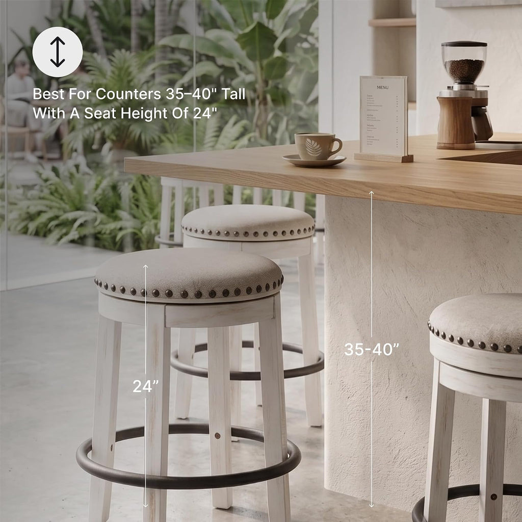 Signature Design by Ashley Valebeck 24 Inch Counter Height Stool | Backless swivel design, Rustic vintage white frame, Cozy beige woven fabric, Metal footrest