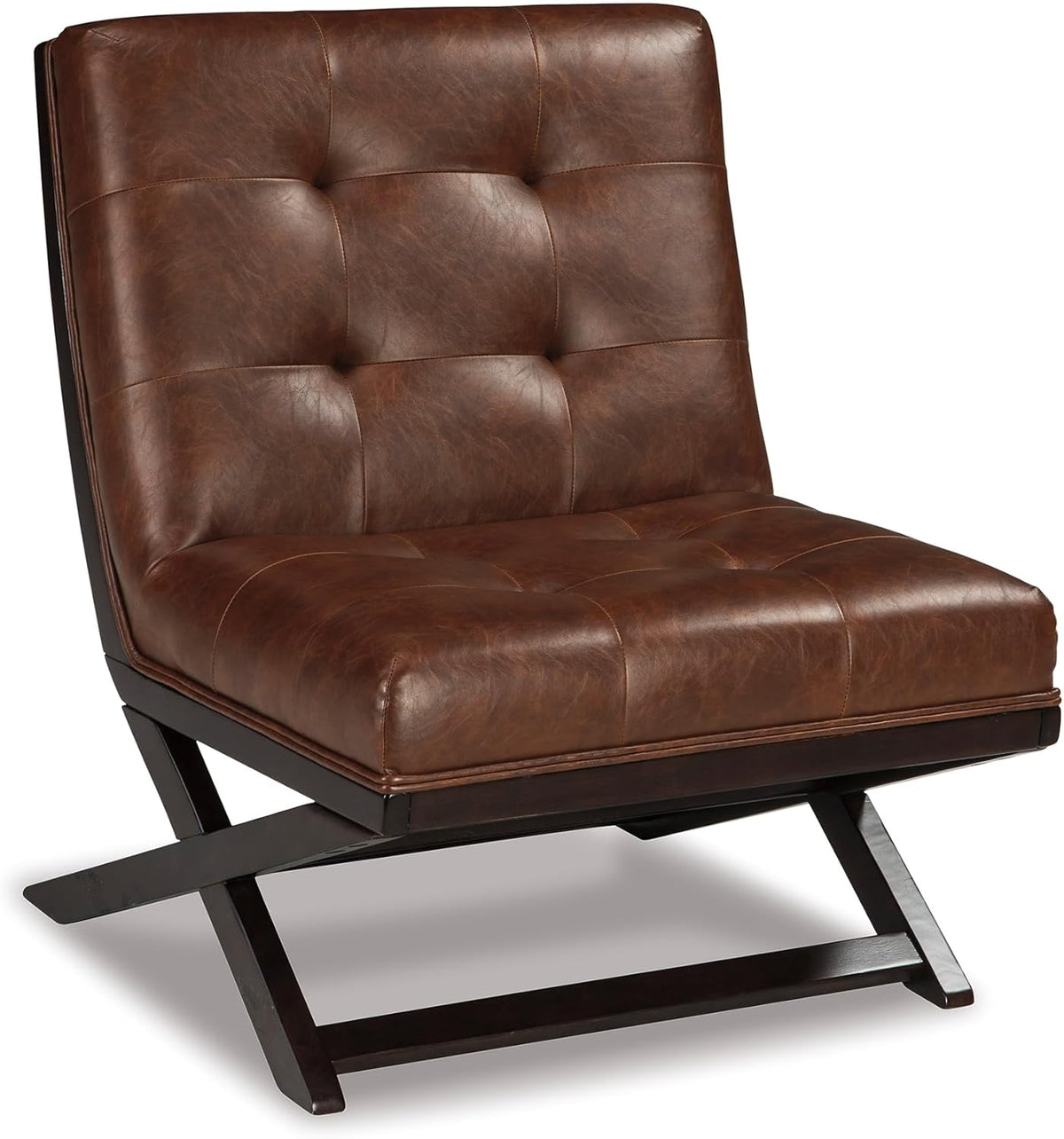 Signature Design by Ashley Scissor Base Slipper Accent Chair, Brown | Brown faux leather, Mid-century modern Barcelona style, 18-inch seat height, Ideal for small spaces, Sidewinder Series