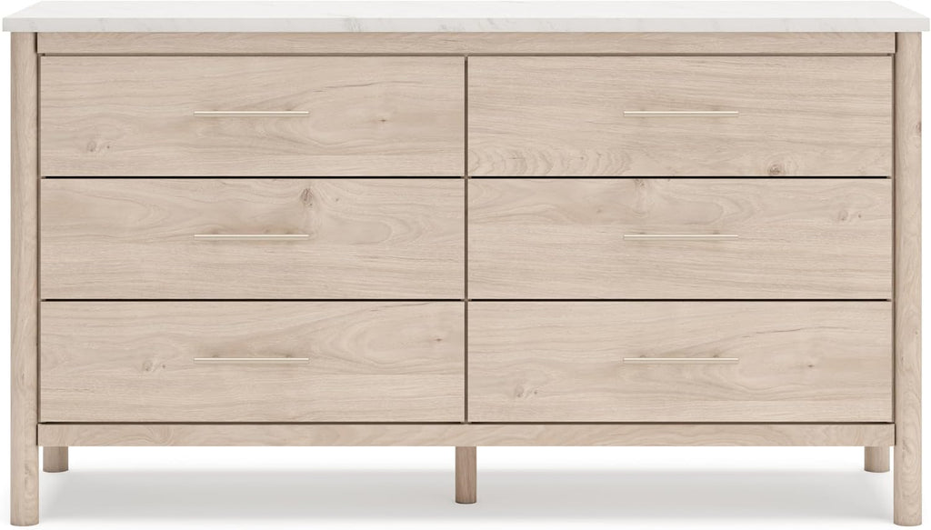 Signature Design by Ashley Cadmori Casual Bohemian Dresser with Post Legs and 6 Drawers, Replicated Marble Top, Wood, 35" High, White and Light Brown Finish
