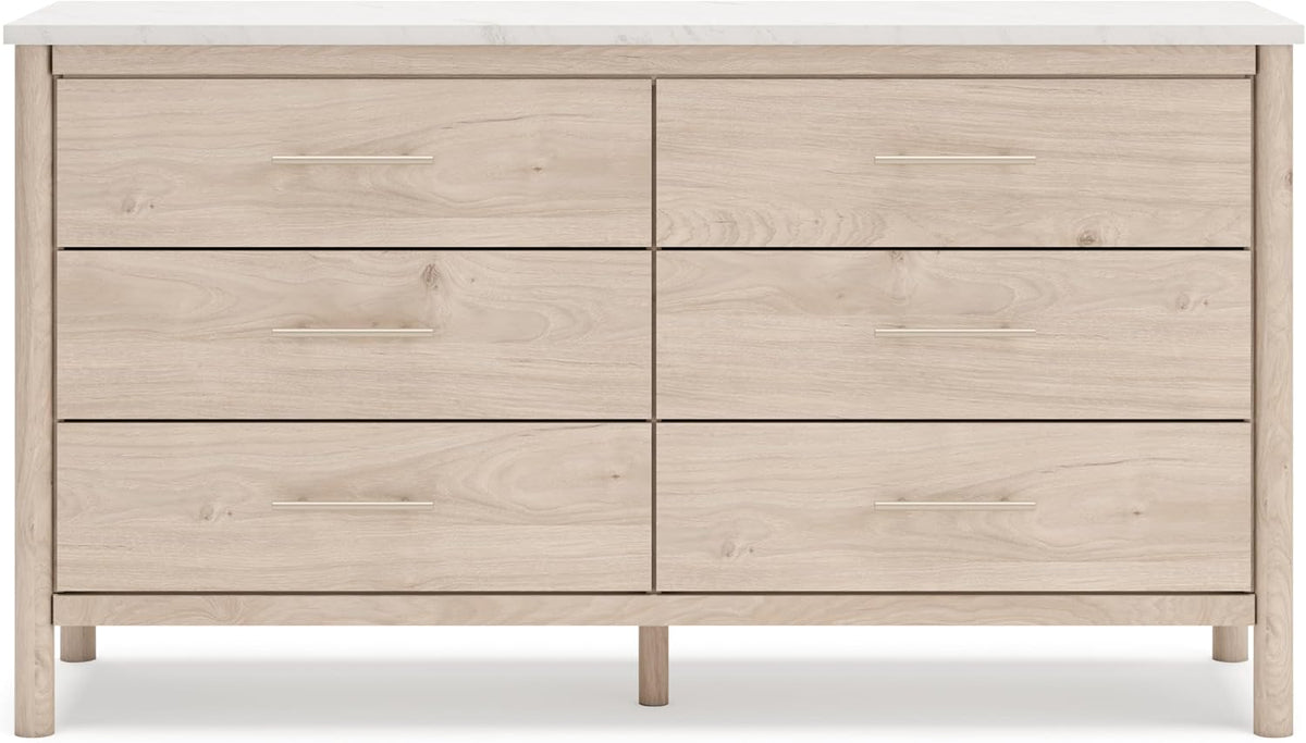 Signature Design by Ashley Cadmori Casual Bohemian Dresser with Post Legs and 6 Drawers, Replicated Marble Top, Wood, 35" High, White and Light Brown Finish