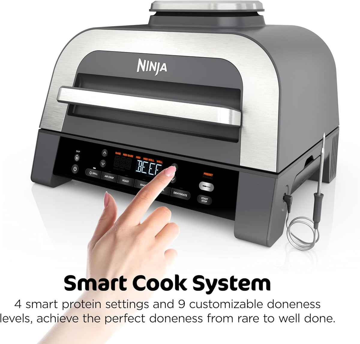 Ninja® Foodi® Smart XL 6-in-1 Indoor Grill & Air Fryer, Black/Silver, DG551 | Smart Cook System & Foodi Smart Thermometer, XL capacity, perfect doneness, rare to well done. 6-in-1: Grill, Air Fry & more.