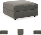 Signature Design by Ashley Putty Grey Ottoman with Storage | Square storage ottoman with reversible tray top and built-in cup holders, Putty grey herringbone chenille, O'Phannon Series