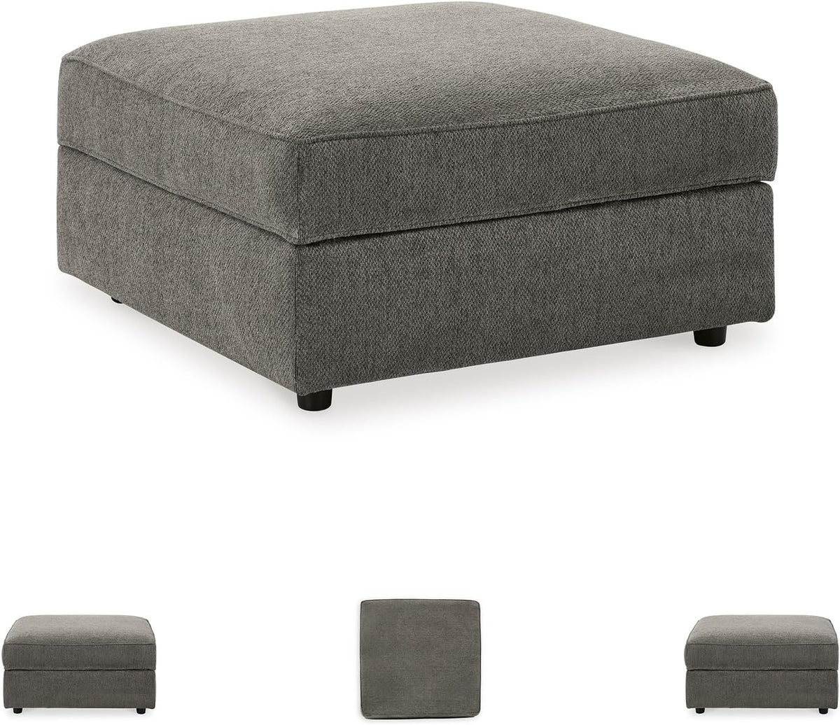 Signature Design by Ashley Putty Grey Ottoman with Storage | Square storage ottoman with reversible tray top and built-in cup holders, Putty grey herringbone chenille, O'Phannon Series