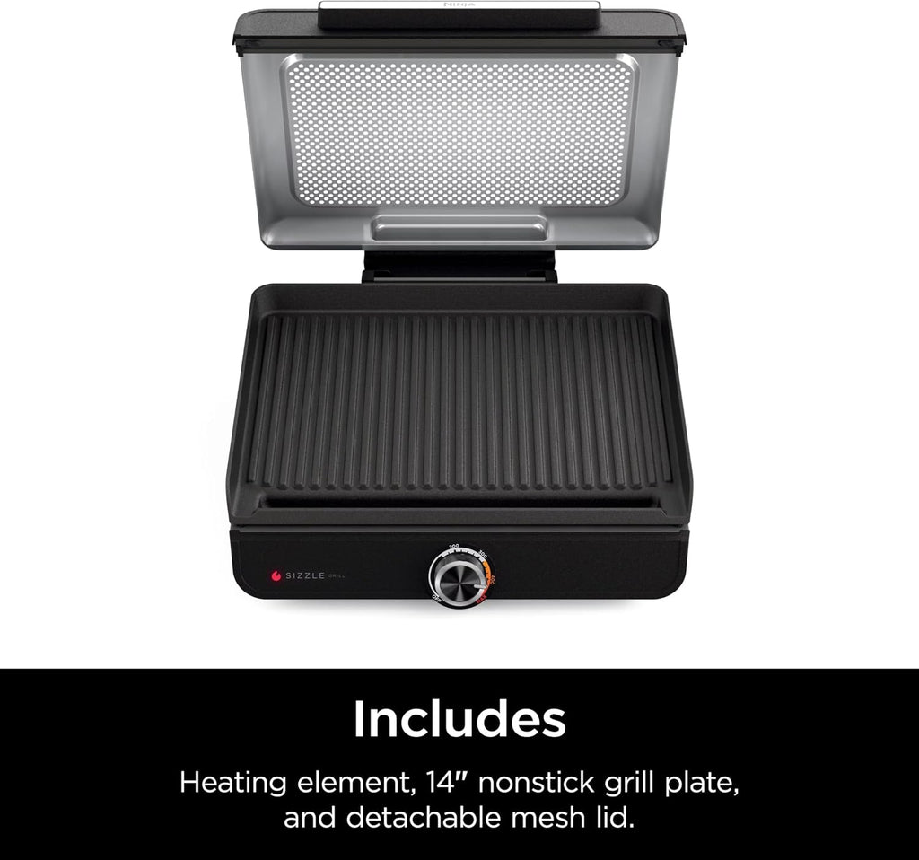 Ninja GR100 Sizzle Smokeless Indoor Grill with Nonstick Grill Plate, Dishwasher-Safe Removable Mesh Lid, 500F Max Heat, Even Edge-to-Edge Cooking, Black (Renewed)