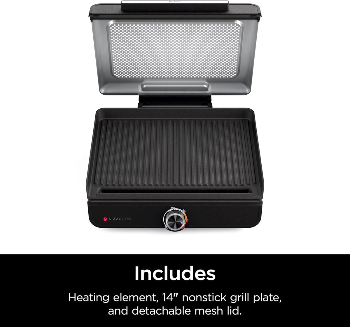 Ninja GR100 Sizzle Smokeless Indoor Grill with Nonstick Grill Plate, Dishwasher-Safe Removable Mesh Lid, 500F Max Heat, Even Edge-to-Edge Cooking, Black (Renewed)