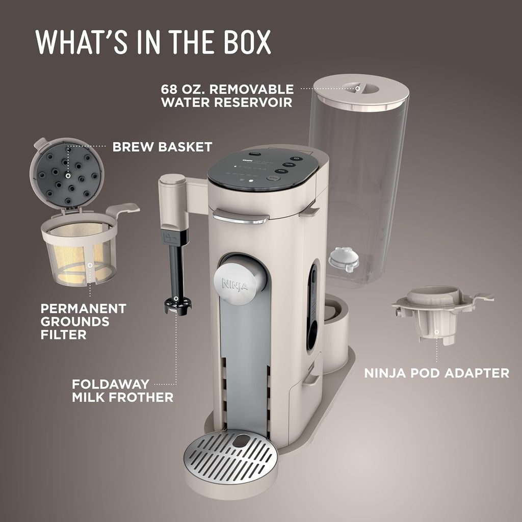 Ninja Pod & Grounds, XL Coffee Maker, K-Cup Compatible, Stone, PB055AST | Brews Grounds, Compact Design, Built-In Milk Frother, 68-oz. Reservoir, 6-oz. Cup to 24-oz. Mug Sizes