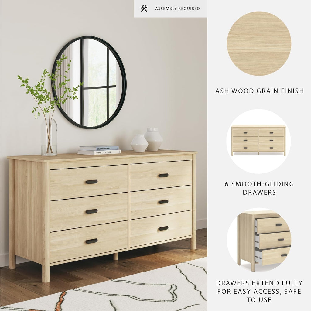 Signature Design by Ashley Cabinella 6 Drawer Bedroom Dresser, Natural Ash | 62-inch wide storage, Engineered wood (MDF/particleboard/plywood) and decorative laminate, Casual tan finish