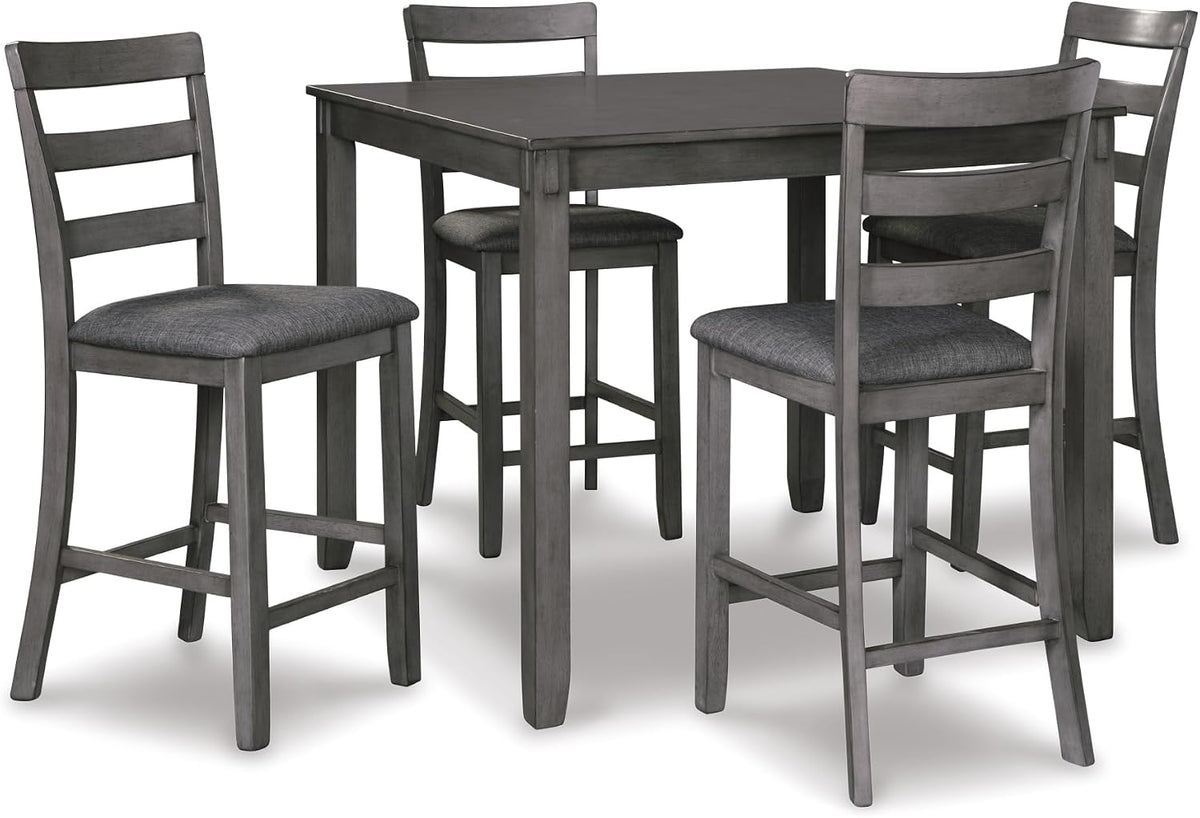 Signature Design by Ashley 5-Piece Square Counter Height Dining Set, Gray | Textured gray polyester fabric with wood, veneer and engineered wood, Small kitchen table for 4, Bridson Series