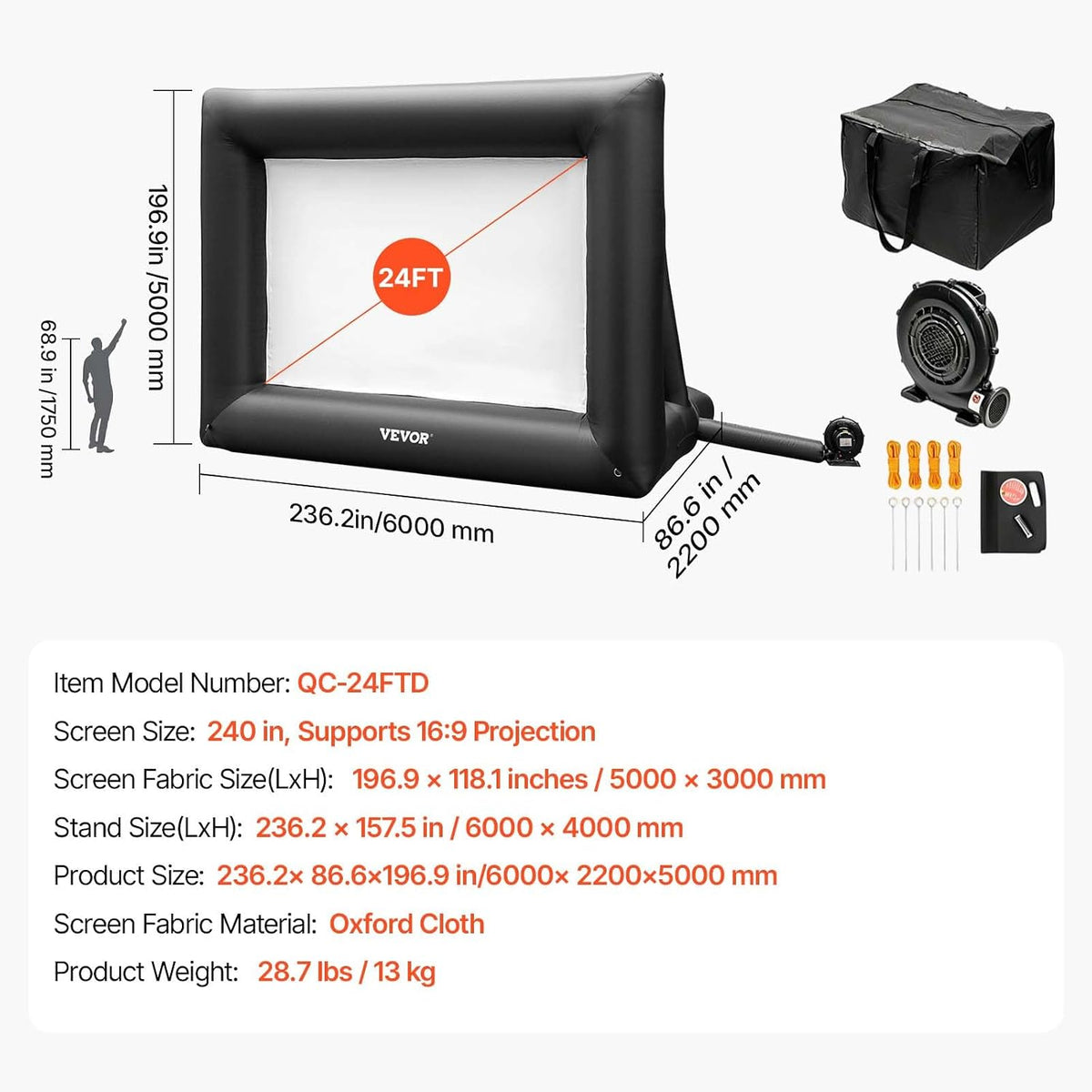VEVOR Inflatable Projector Screen for Outdoor Use with 350W Air Blower