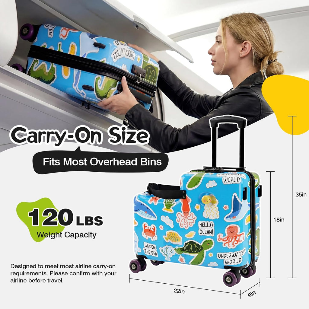 20" Ride On Luggage for Kids,Cute Pattern,Lightweight Hardshell Carry-On Luggage with Double Spinner Wheels,TSA Lock,Circular Handrail,Safety Belt,Foot Pedal,for Boys&Girls,Load Cap. 120 lbs (Blue)