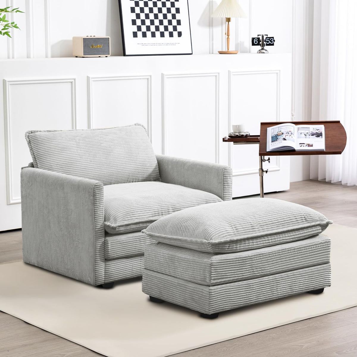 ROWHY 112'' Sectional Modular Cloud Couch, Oversized 5 Seat Couches U Shaped Sofa with 2 Movable Ottomans, 2 Throw Pillows, Upholstered Corduroy U Shape Comfy Deep Couches for Living Room, Beige