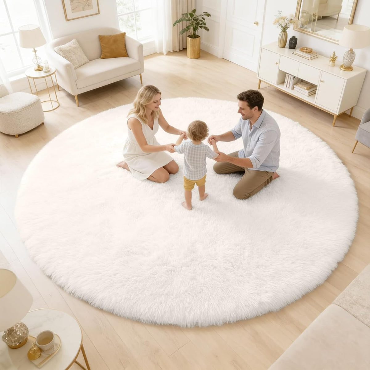 OLANLY Beige Round Rugs for Bedroom - Machine Washable, 4 ft Circle Area Rugs for Living Room, Soft and Fluffy Shaggy Carpet for Teen Girls and Boys, Nursery Rooms, Dorms, Home Decor Aesthetic