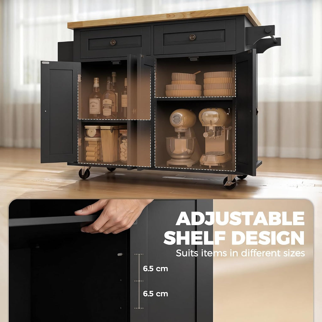 HOMCOM Kitchen Island on Wheels, Rubberwood Top, Spice Rack, Black