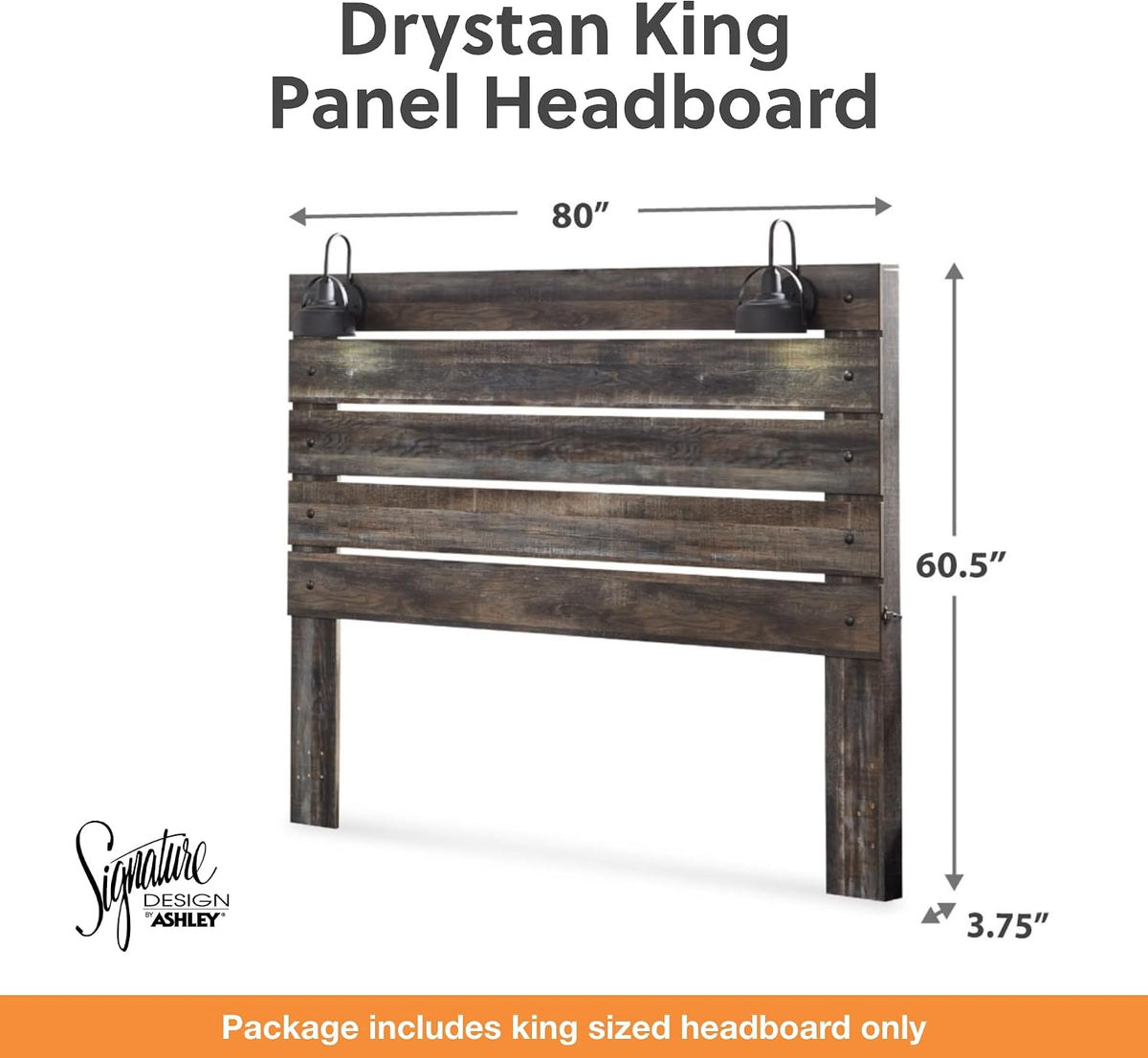 Signature Design by Ashley Drystan King Panel Headboard, Brown | Engineered wood laminate, Built-in LED sconces, Dual USB charging ports, Rustic industrial style