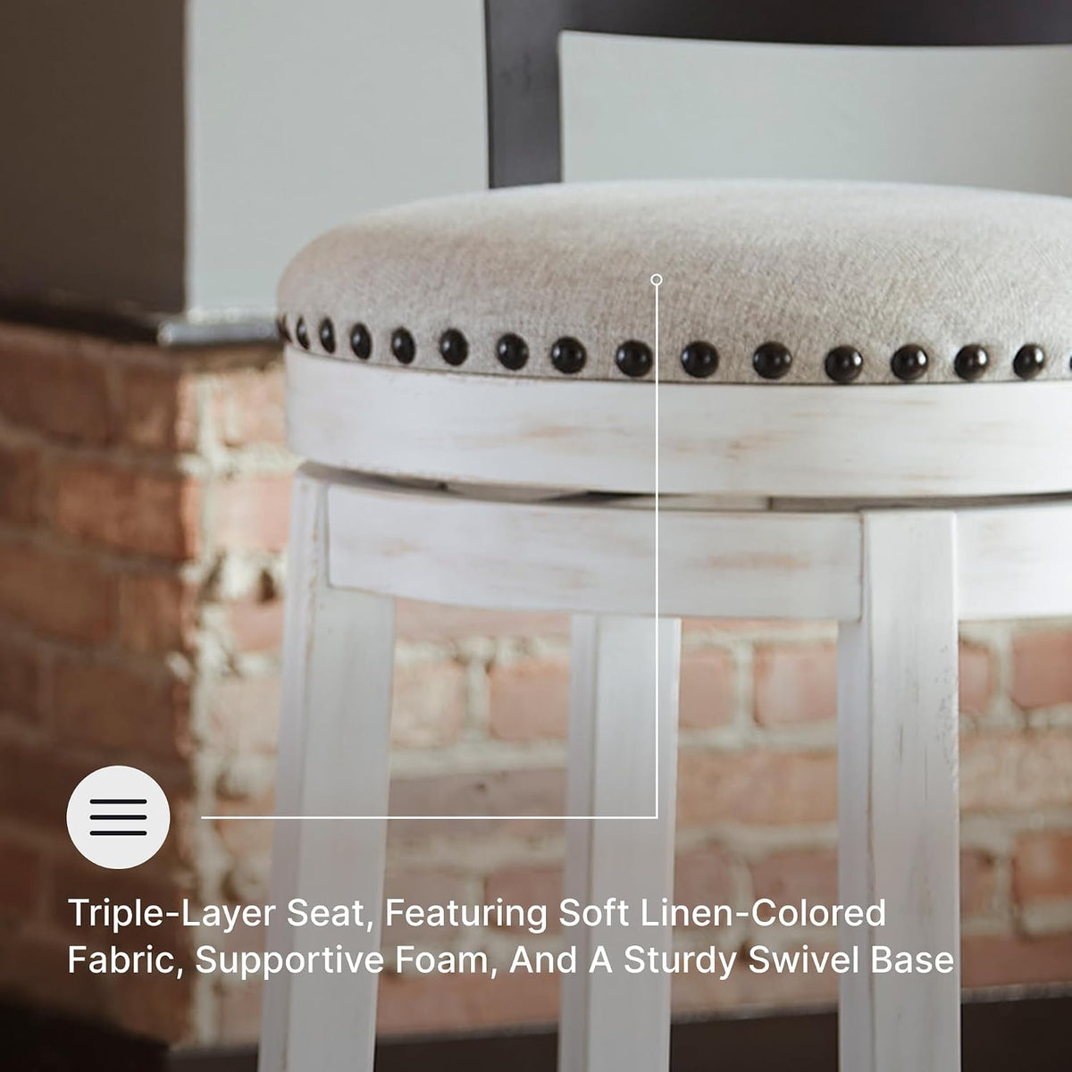 Signature Design by Ashley Valebeck Swivel Counter Height Bar Stool, White | Sturdy 24.5-inch seat with nailhead trim, Farmhouse rustic style featuring linen colored polyester, Smooth 360° rotation