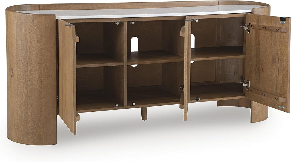 Signature Design by Ashley Modern Accent Cabinet, 66 in Credenza, Fitzroy | Solid mango wood sideboard, Mostly pre-assembled, 3 soft-close doors, Built-in cord management, Natural wood finish