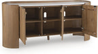 Signature Design by Ashley Modern Accent Cabinet, 66 in Credenza, Fitzroy | Solid mango wood sideboard, Mostly pre-assembled, 3 soft-close doors, Built-in cord management, Natural wood finish