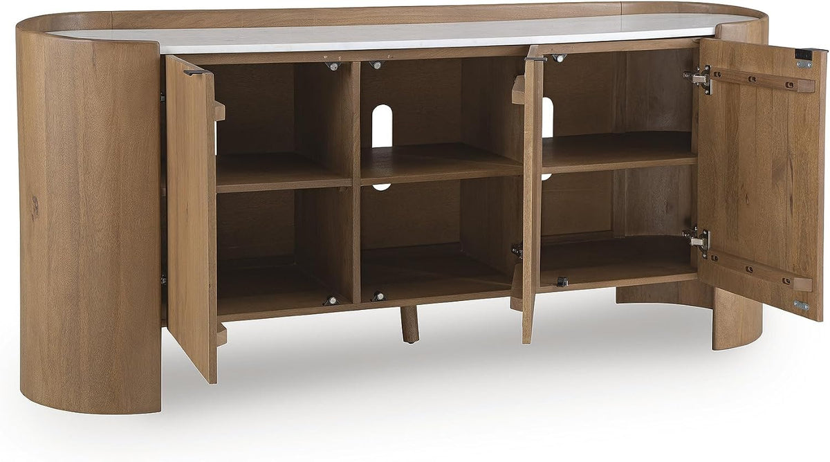 Signature Design by Ashley Modern Accent Cabinet, 66 in Credenza, Fitzroy | Solid mango wood sideboard, Mostly pre-assembled, 3 soft-close doors, Built-in cord management, Natural wood finish