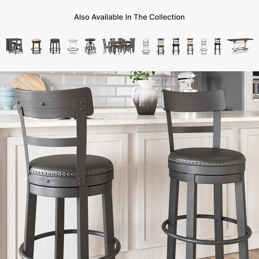Signature Design by Ashley 1-Piece Counter Height Bar Stool, Black Swivel | Easy-clean leather and faux leather combination seat, Rustic farmhouse style with antiqued finish, Valebeck Series
