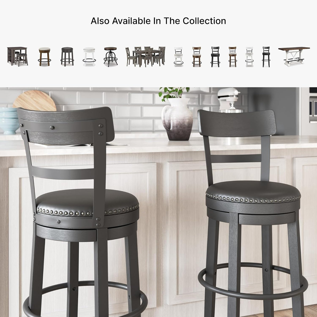 Signature Design by Ashley 1-Piece Counter Height Bar Stool, Black Swivel | Easy-clean leather and faux leather combination seat, Rustic farmhouse style with antiqued finish, Valebeck Series
