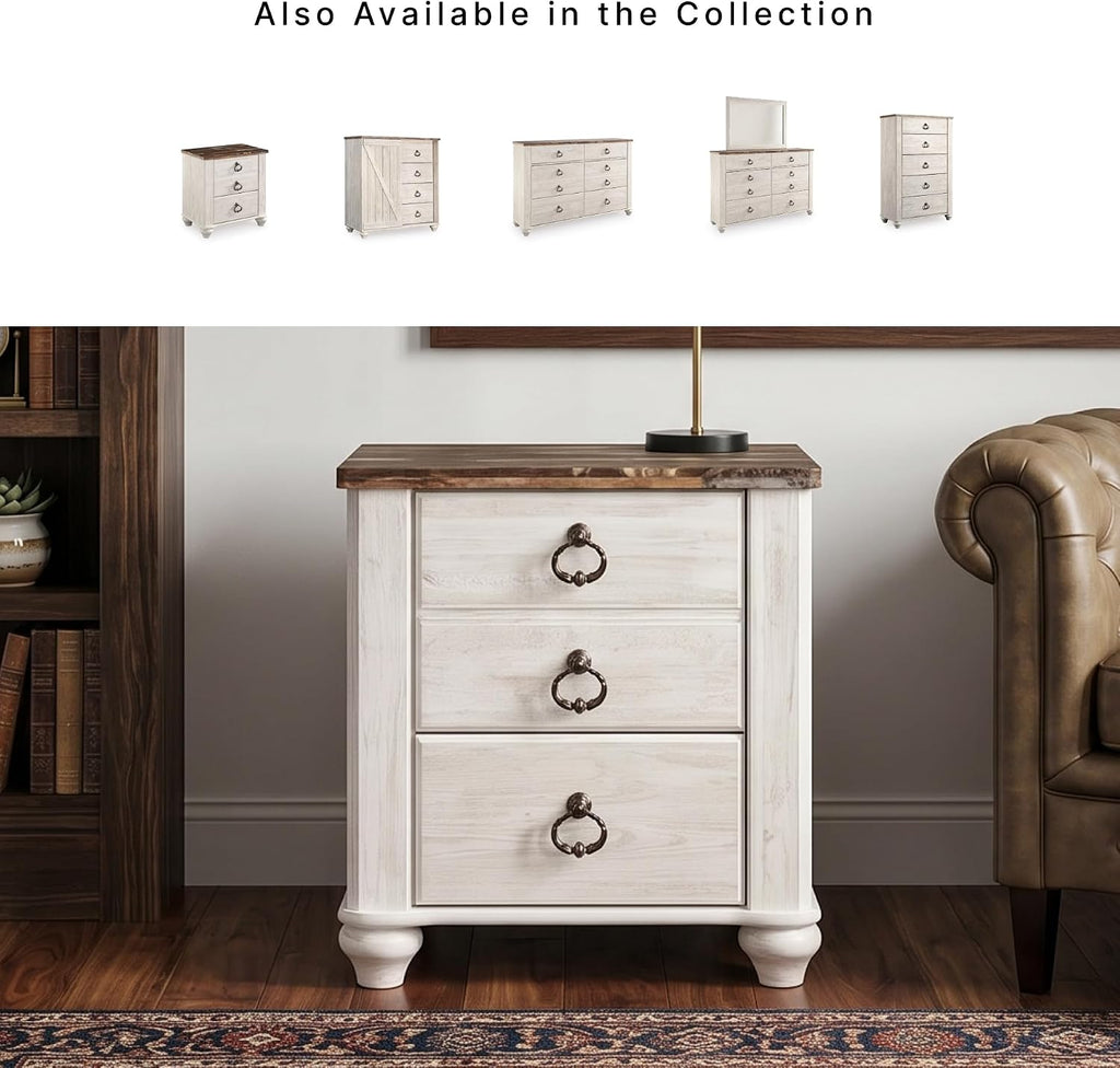 Signature Design by Ashley Willowton 2 Drawer Nightstand, Whitewash | Engineered wood construction, Whitewash finish, Dual USB charging ports, Smooth-gliding drawers, Tall nightstand