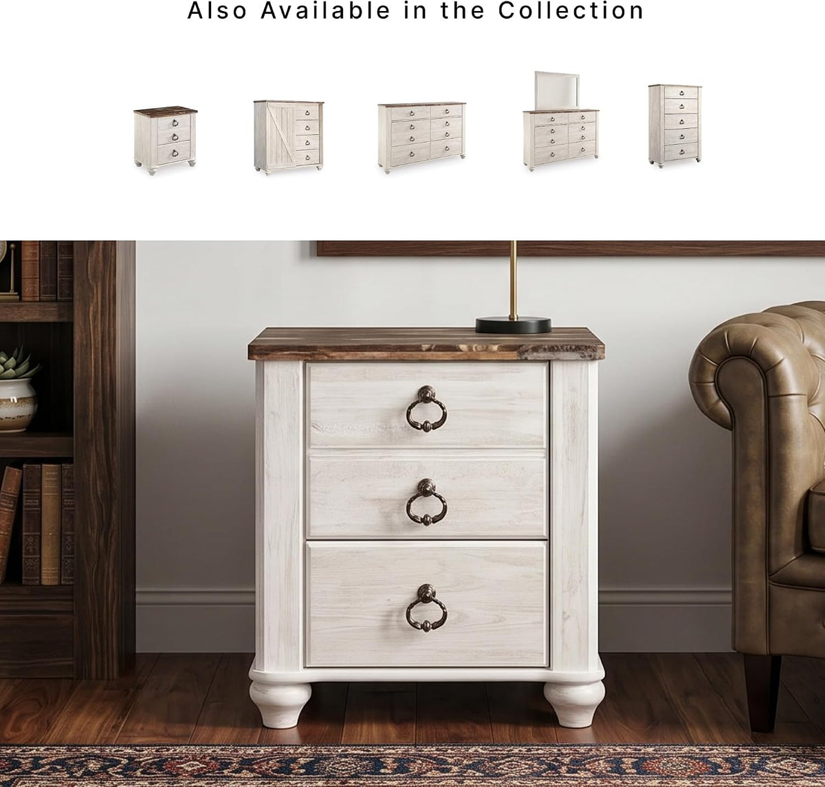 Signature Design by Ashley Willowton 2 Drawer Nightstand, Whitewash | Engineered wood construction, Whitewash finish, Dual USB charging ports, Smooth-gliding drawers, Tall nightstand