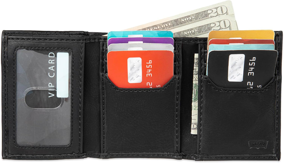 Levi's Men's Trifold Wallet - Sleek and Slim Includes ID Window and Credit Card Holder,Black with Chain