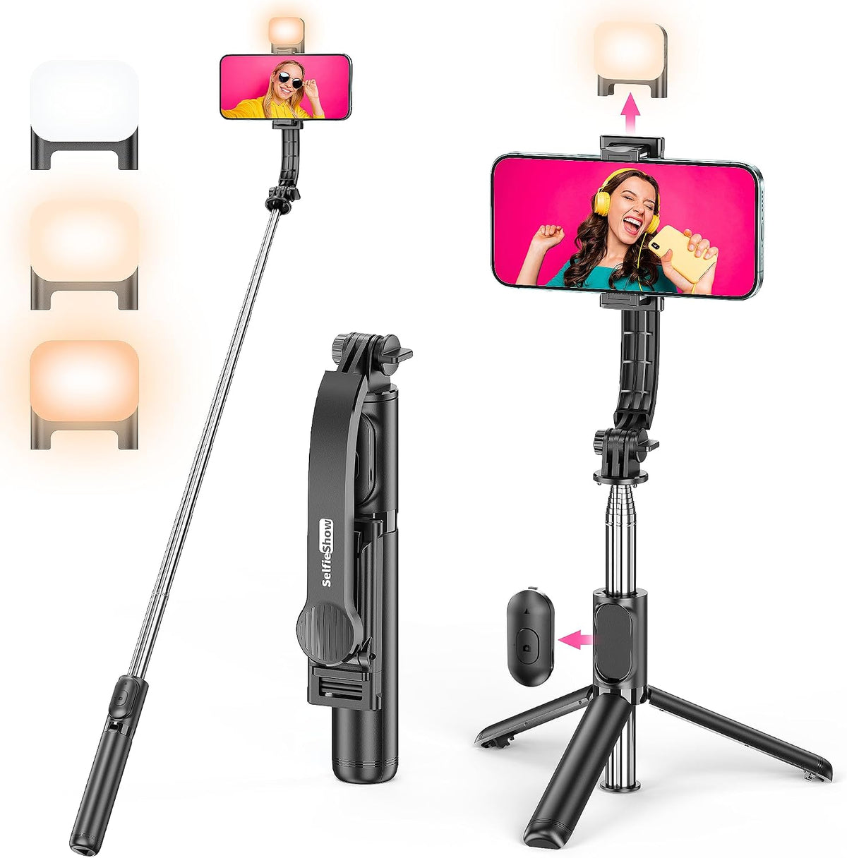 SelfieShow Selfie Stick, Extendable Selfie Stick Tripod with Wireless Remote and Tripod Stand, Portable, Lightweight, Compatible with iPhone 17 16 15 14 13 12 Pro Xs Max/Samsung Smartphone and More