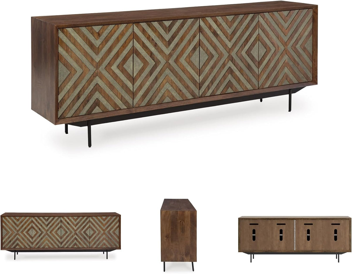 Signature Design by Ashley Dreggan Casual Diamond Patterned 4-Door Accent Cabinet with 2 Shelves and Cord Management, Dark Brown & Gray