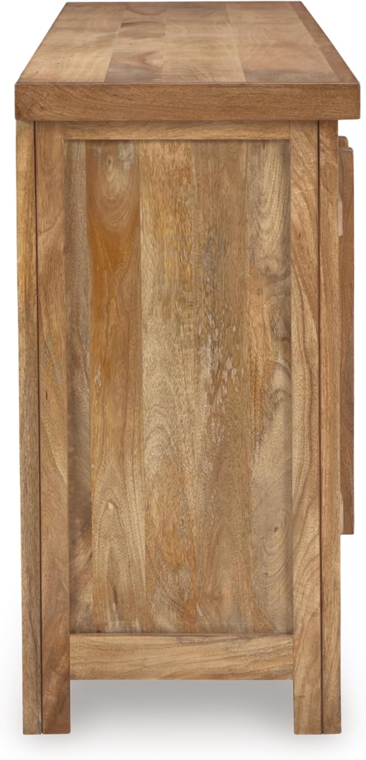 Signature Design by Ashley 4-Door Wood Accent Cabinet, Sideboard Credenza | Mango wood, veneer and engineered wood credenza, Soft-close hinges, Cord management, 2 fixed shelves, Dresor Series