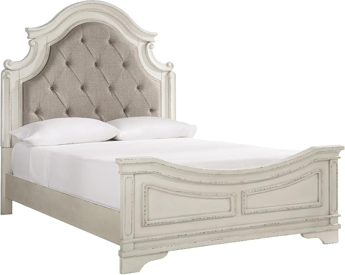 Signature Design by Ashley Realyn Queen Upholstered Bed Frame | 71-inch tall tufted headboard, Traditional panel bed of veneers, wood and engineered wood, French country style