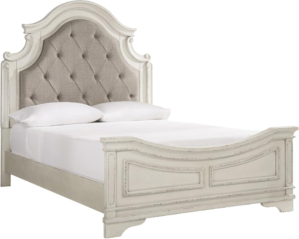 Signature Design by Ashley Realyn Queen Upholstered Bed Frame | 71-inch tall tufted headboard, Traditional panel bed of veneers, wood and engineered wood, French country style