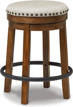 Signature Design by Ashley Valebeck Swivel Counter Height Bar Stool, 24 in | Backless cushioned seat, 360-degree swivel, Dark brown wood & black metal base, Kitchen island seating, Rustic style