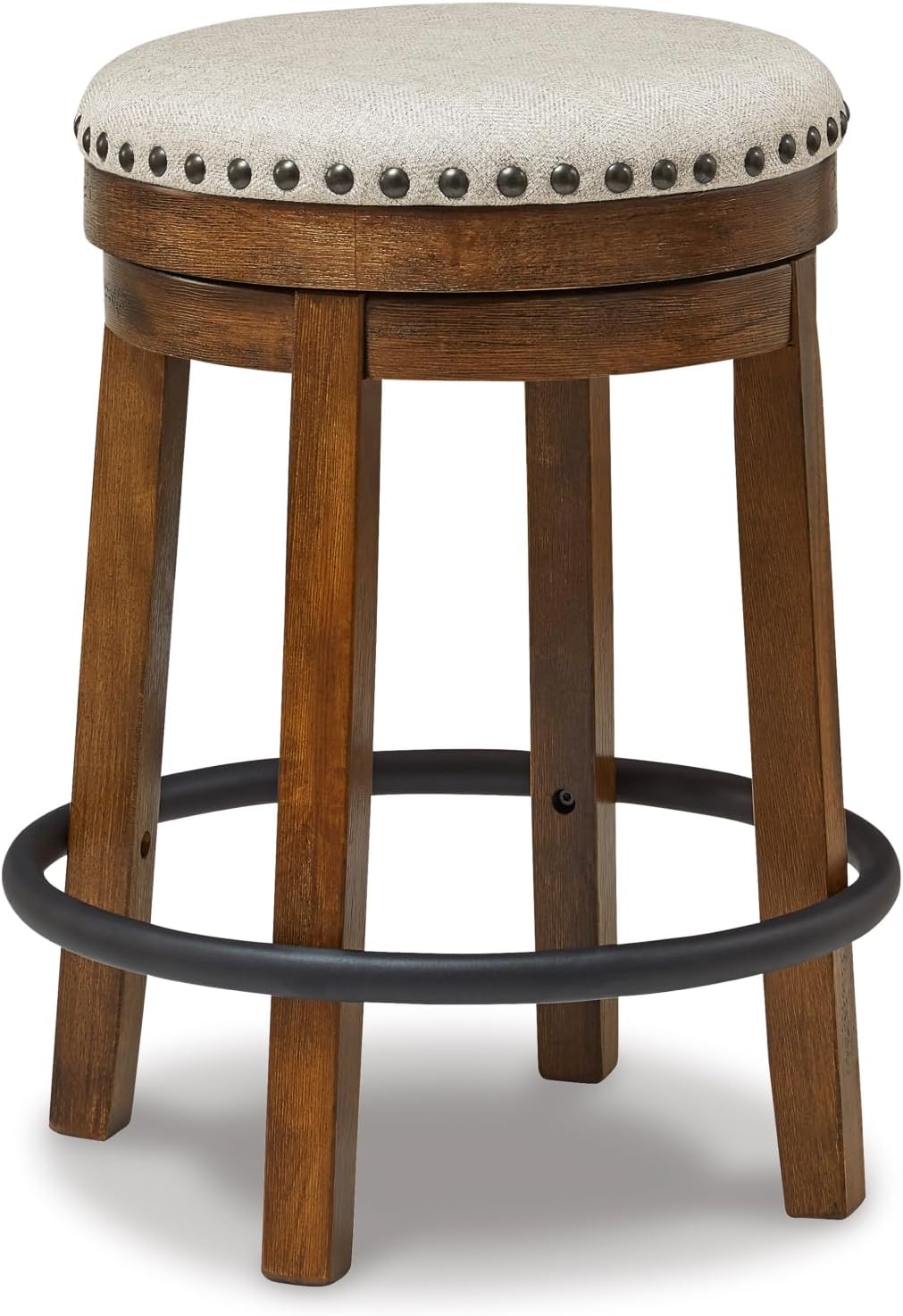 Signature Design by Ashley Valebeck Swivel Counter Height Bar Stool, 24 in | Backless cushioned seat, 360-degree swivel, Dark brown wood & black metal base, Kitchen island seating, Rustic style
