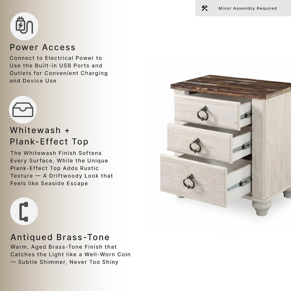 Signature Design by Ashley Willowton 2 Drawer Nightstand, Whitewash | Engineered wood construction, Whitewash finish, Dual USB charging ports, Smooth-gliding drawers, Tall nightstand