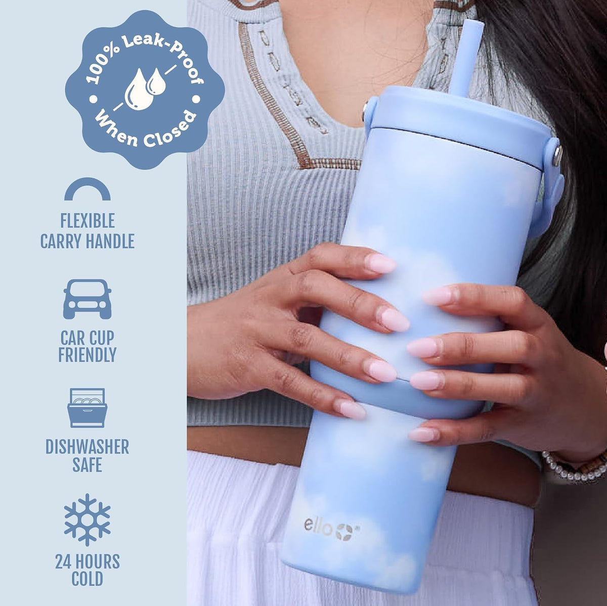 Ello Oasis Go+ 26oz Insulated Stainless Steel Tumbler with Straw, Clouds
