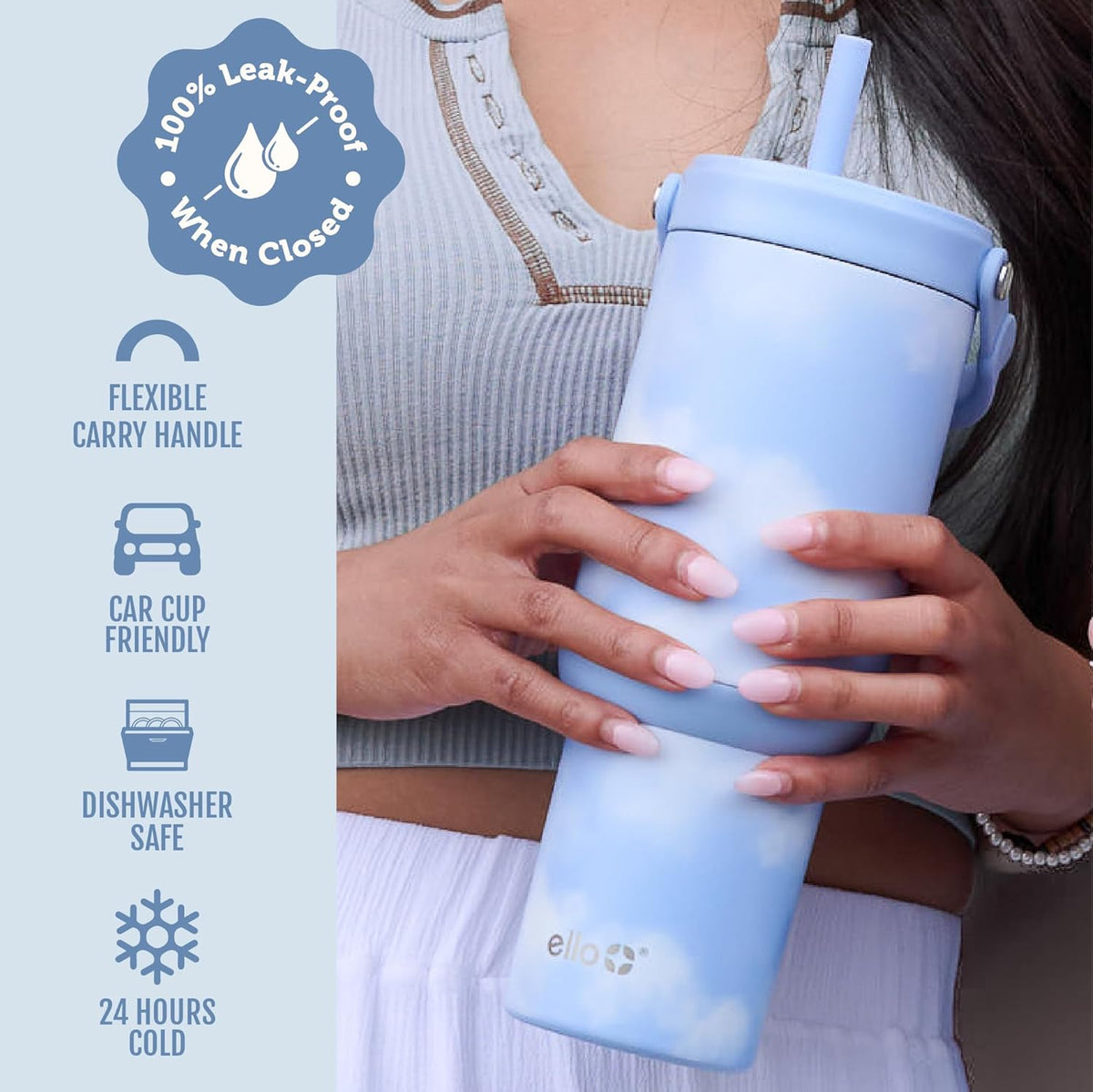Ello Oasis Go+ 26oz Insulated Stainless Steel Tumbler with Straw, Clouds