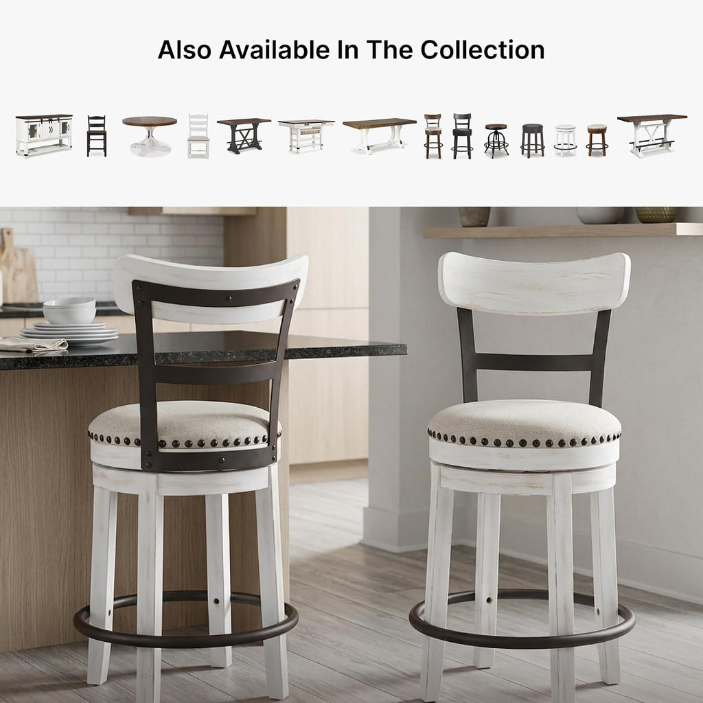 Signature Design by Ashley Valebeck Swivel Counter Height Bar Stool, White | Sturdy 24.5-inch seat with nailhead trim, Farmhouse rustic style featuring linen colored polyester, Smooth 360° rotation