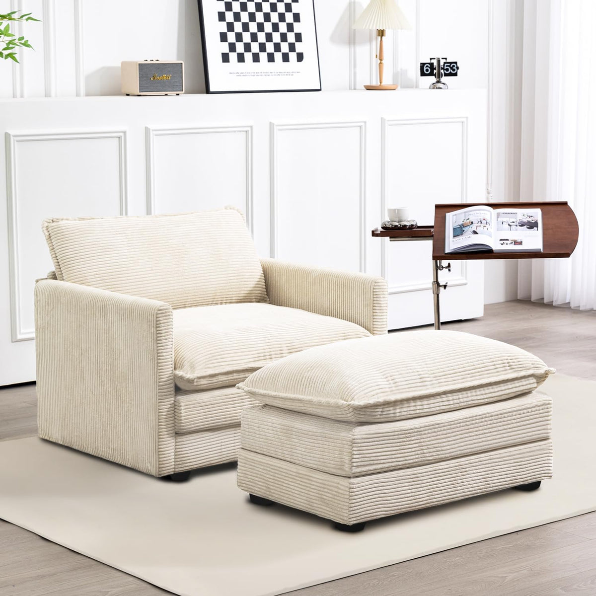 ROWHY 112'' Sectional Modular Cloud Couch, Oversized 5 Seat Couches U Shaped Sofa with 2 Movable Ottomans, 2 Throw Pillows, Upholstered Corduroy U Shape Comfy Deep Couches for Living Room, Beige