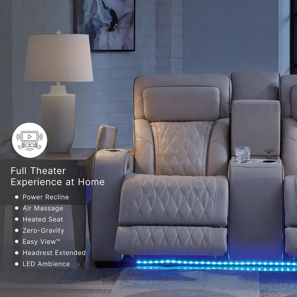 Signature Design by Ashley Power Reclining Loveseat with Console, Gray | Heated air massage seats, Top grain leather faux leather combination, Zero gravity recline, Home theater seating, Boyington